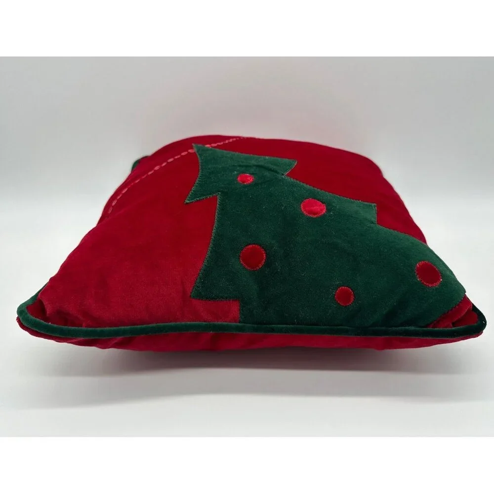Vintage Christmas Tree Throw Pillow Red Green Velvet Sequins Holiday Decor